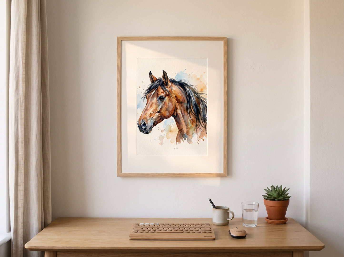 Retrato de caballo estilo acuarela en una habitación