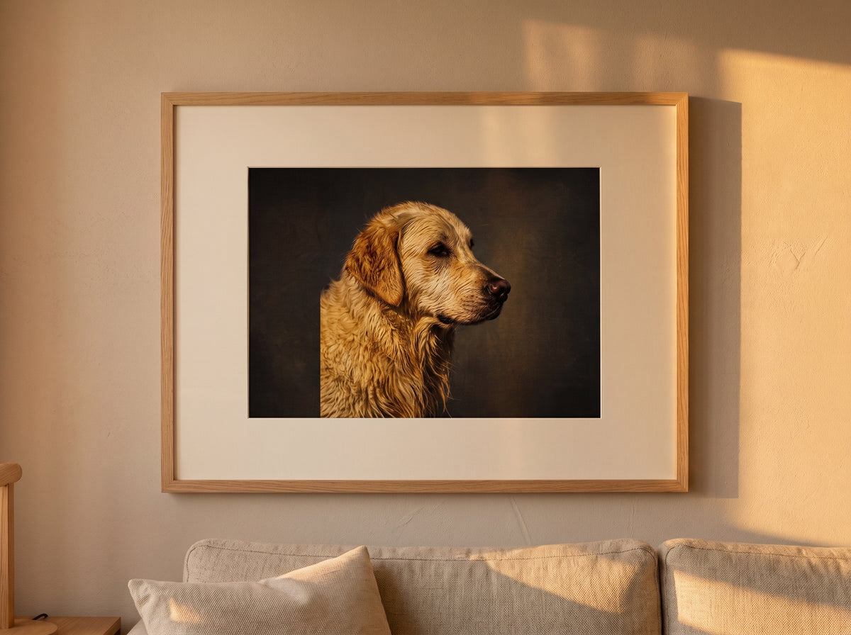 Retrato de perro estilo óleo clásico enmarcado en un pasillo