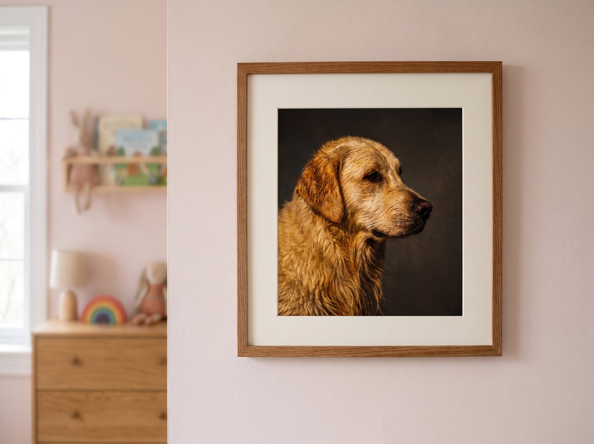 Retrato de perro estilo óleo clásico enmarcado en una sala de estar