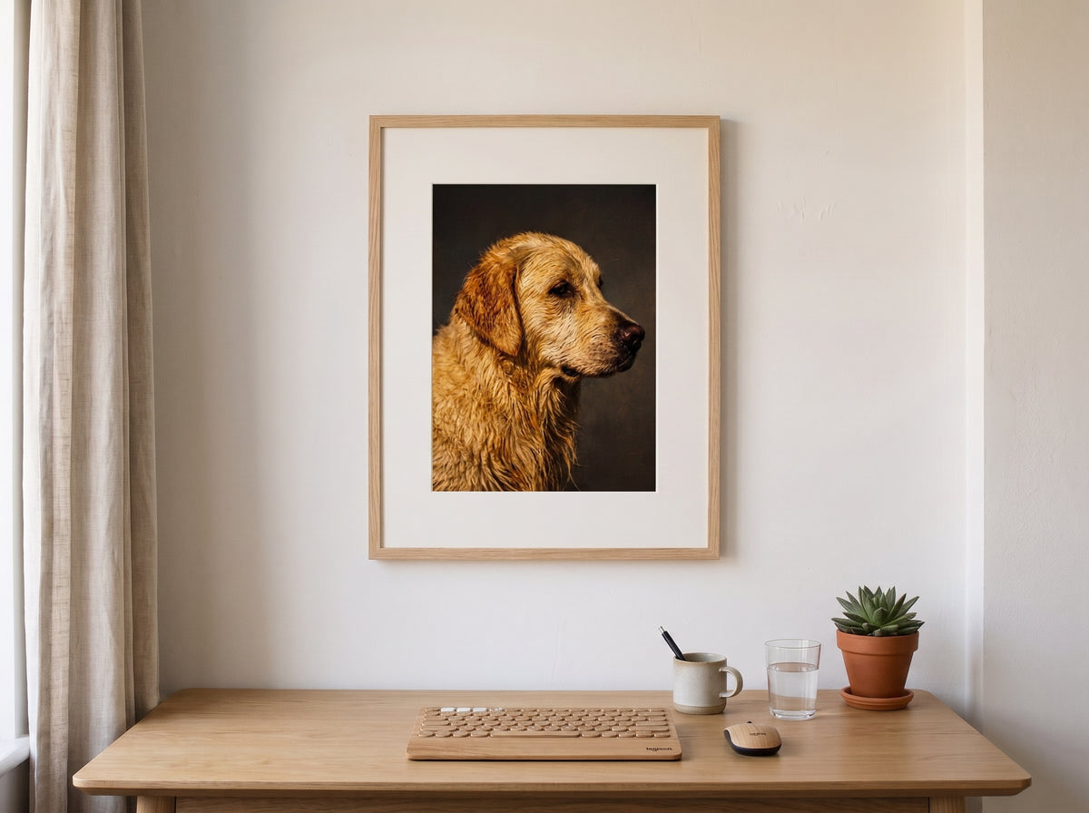 Retrato de perro estilo óleo clásico enmarcado en un escritorio