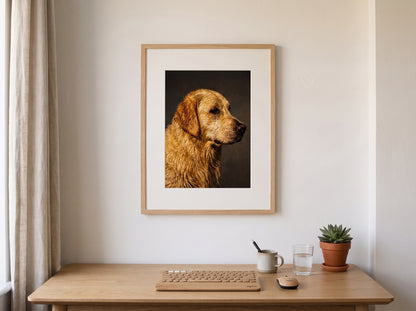 Retrato de perro estilo óleo clásico enmarcado en un escritorio