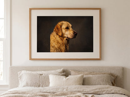Retrato de perro estilo óleo clásico enmarcado en un dormitorio