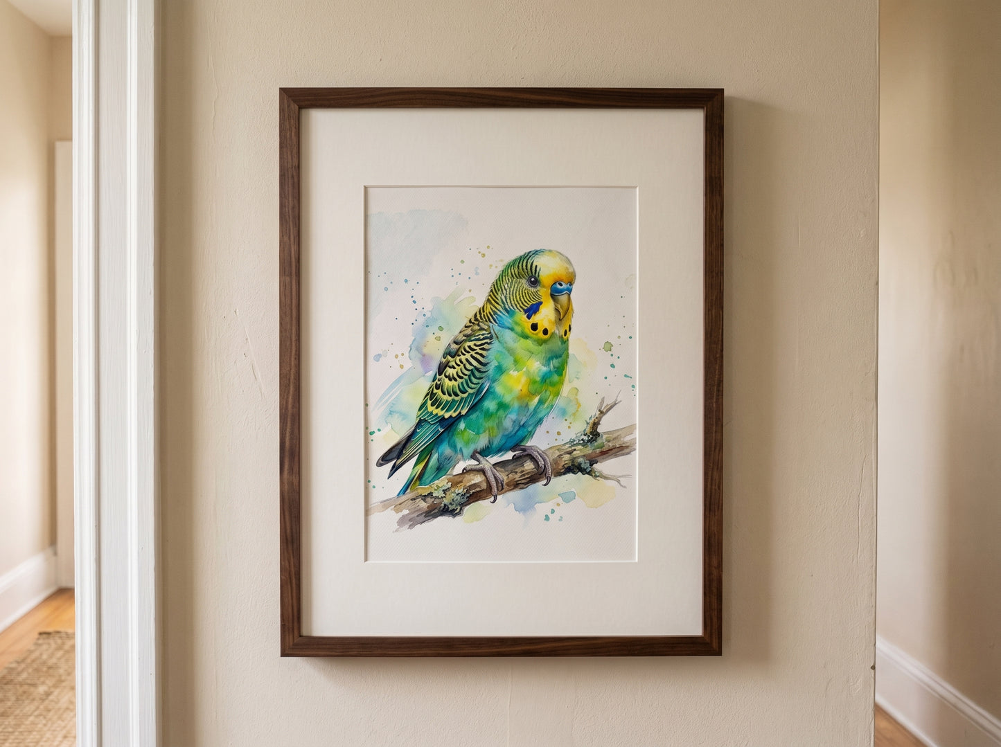 Retrato de pájaro estilo acuarela en una habitación