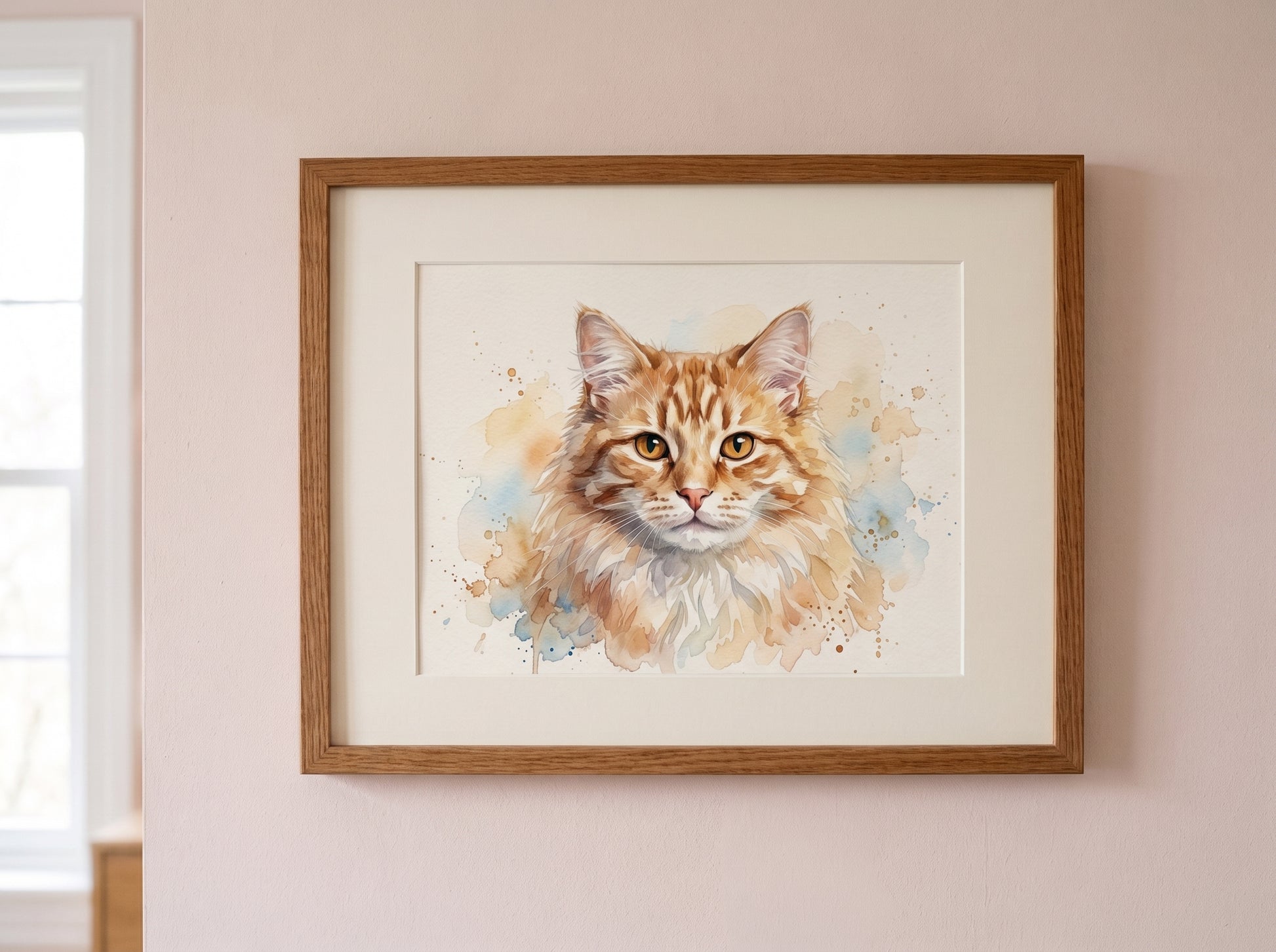 Retrato de gato estilo acuarela en una habitación