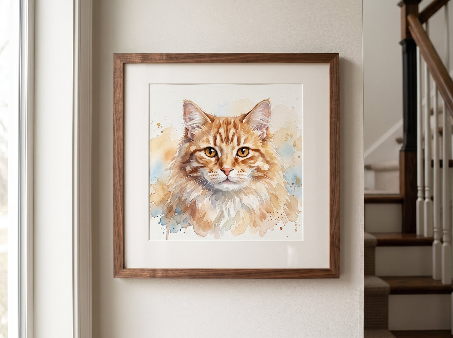 Retrato de gato estilo acuarela en una habitación