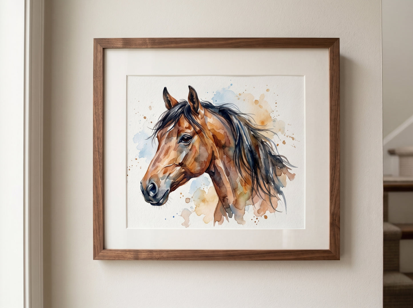 Retrato de caballo estilo acuarela en una habitación