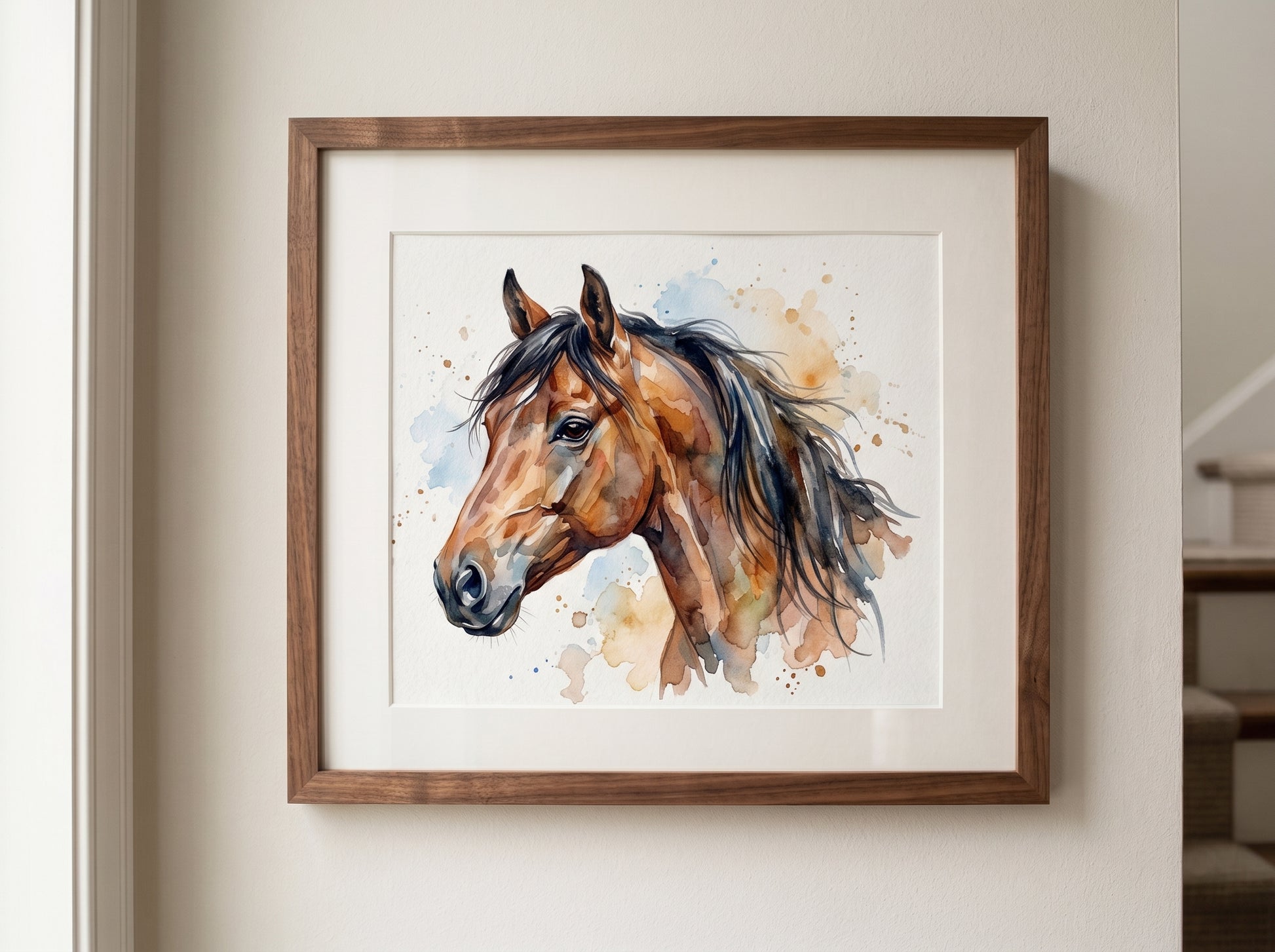 Retrato de caballo estilo acuarela en una habitación