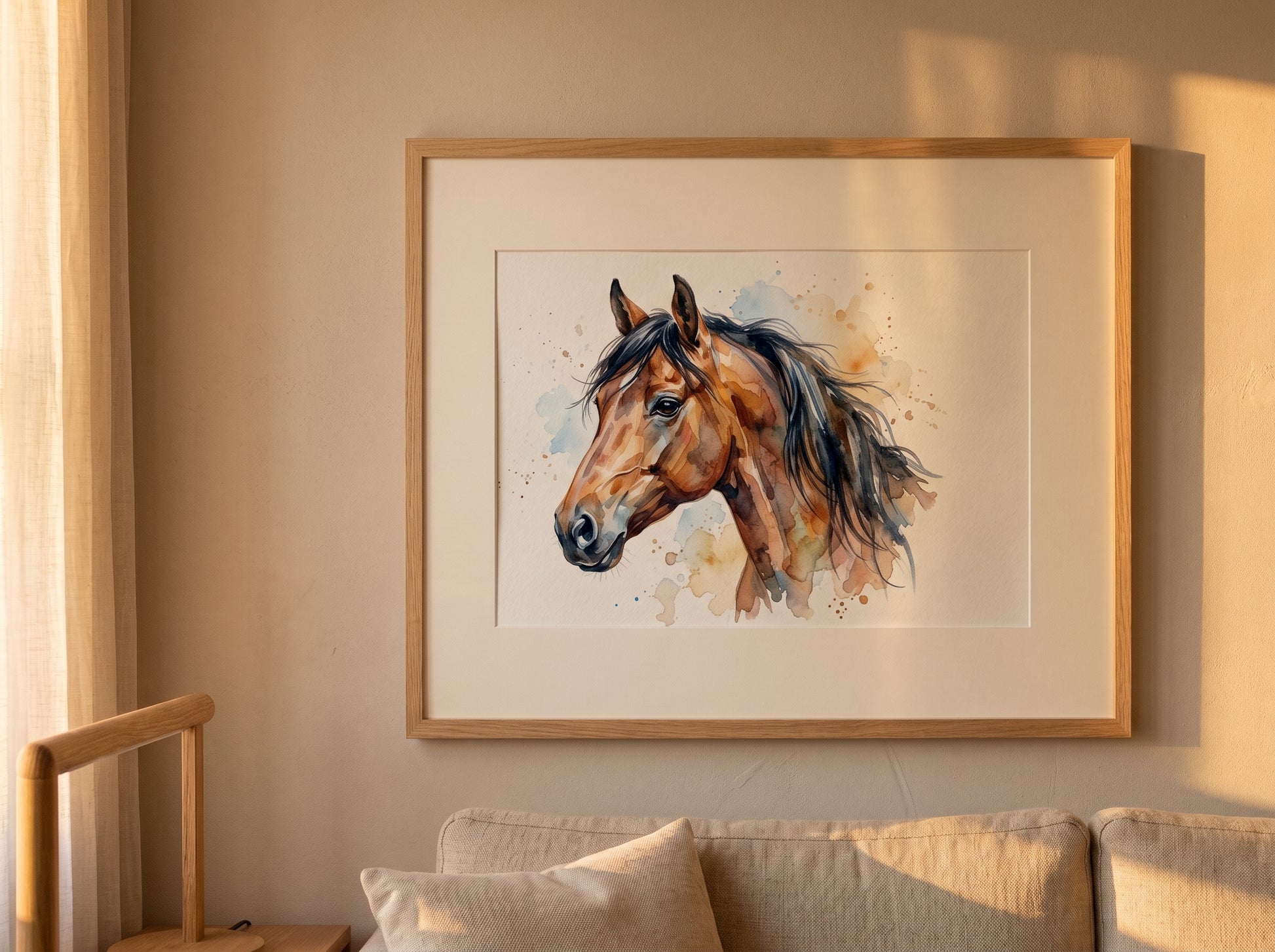 Retrato de caballo estilo acuarela en una habitación