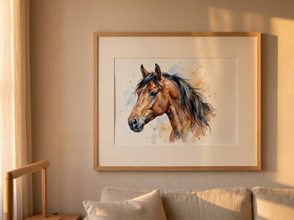 Retrato de caballo estilo acuarela en una habitación