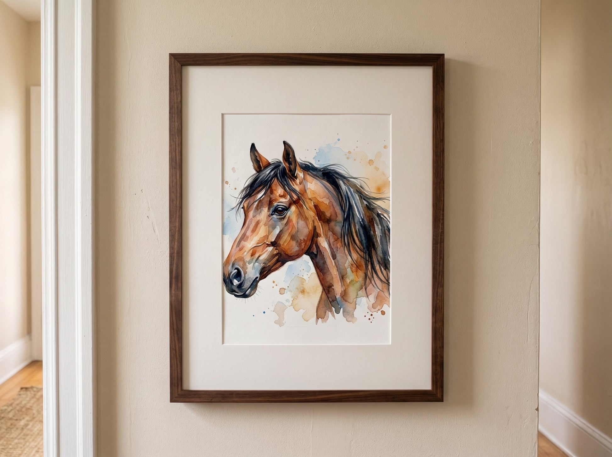 Retrato de caballo estilo acuarela en una habitación