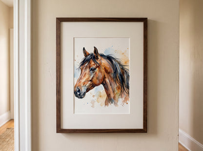 Retrato de caballo estilo acuarela en una habitación