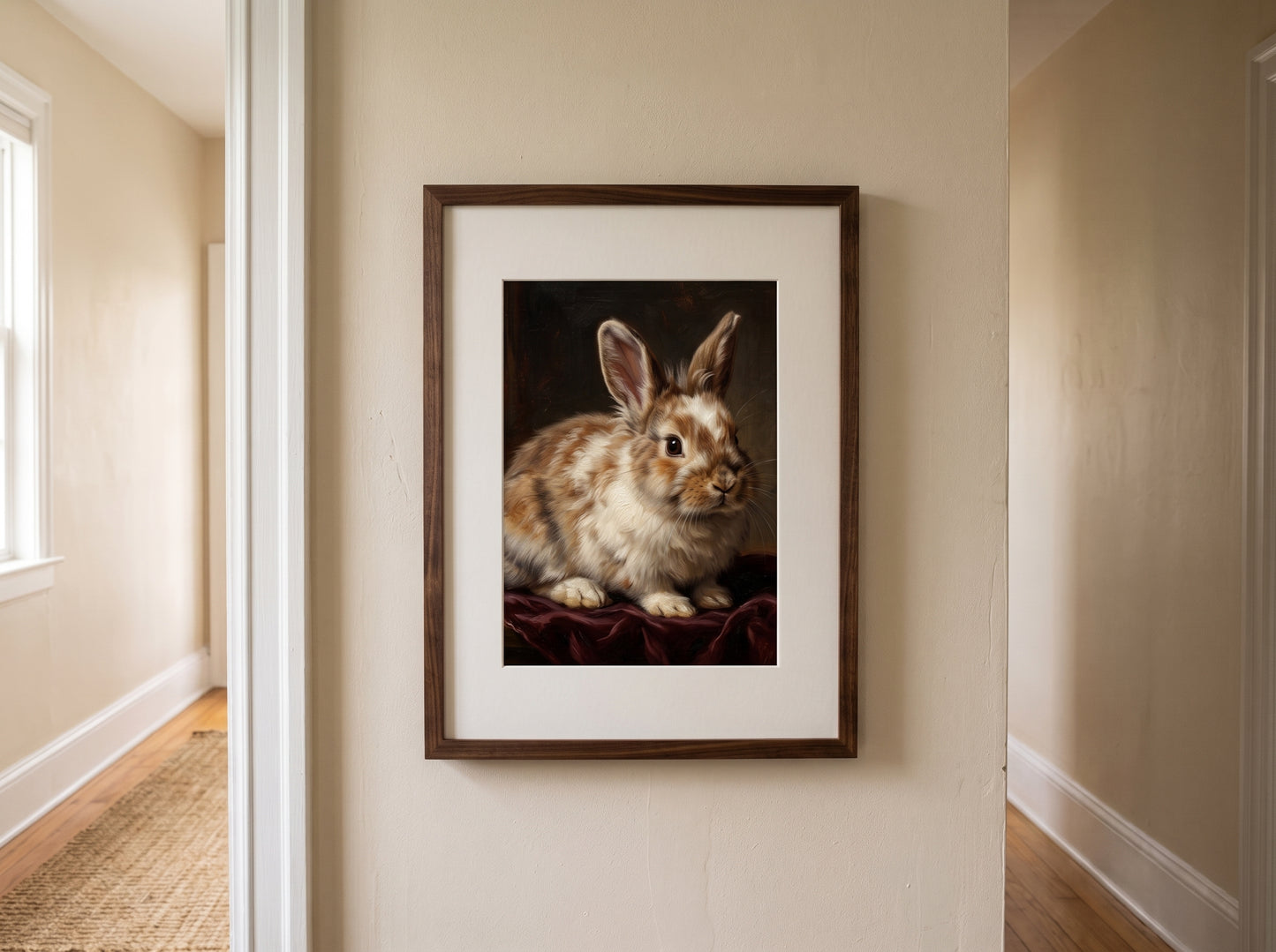 Retrato de conejo estilo óleo clásico en una habitación